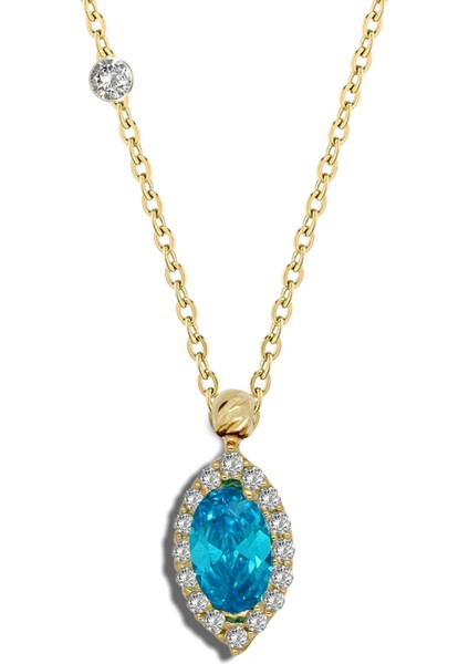 Pirlanta 14 Ayar Altin Aquamarin Renkli Merkiz Taşlı Kolye