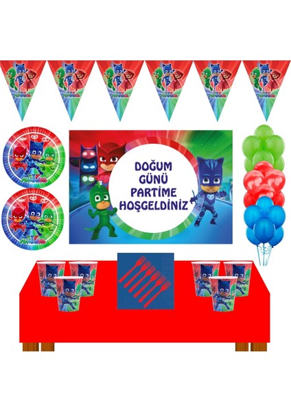 Pj Mask Doğum Günü Konsepti 8 Kişilik Afişli Pijamaskeliler Doğum Günü Seti