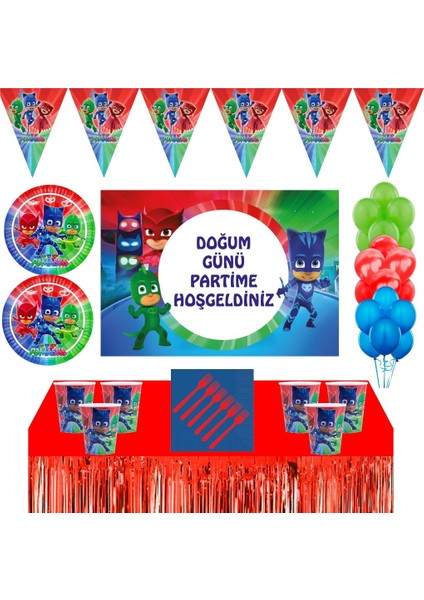 Pj Mask Doğum Günü Konsepti 16 Kişilik 70X100 cm Afişli Pijamaskeliler Doğum Günü Seti Masa Etekli