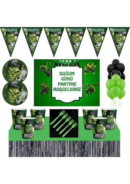 Hulk Doğum Günü Konsepti 8 Kişilik 50X70 cm Afişli Hulk Parti Süsleri Hulk Parti Konsepti Masa Etekl