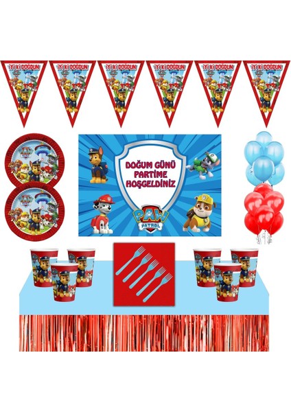 Paw Patrol Doğum Günü Konsepti 8 Kişilik Afişli Paw Patrol Parti Malzemeleri Seti Masa Etekli