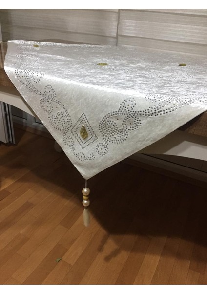 Elaina Kadife Kristal Taş Baskılı Kumaş Krem Salon Takımı 4 Parça - 784 indirimleri