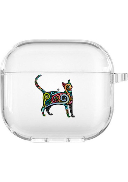 Apple Airpods 3. Nesil Uyumlu Mandala Cat Desenli Premium Silikonlu Şeffaf Airpods Kılıfı