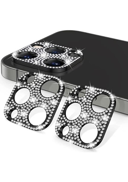 Apple iPhone 12 Pro Max Uyumlu Siyah Diamond Taşlı Kamera Koruma Lensi