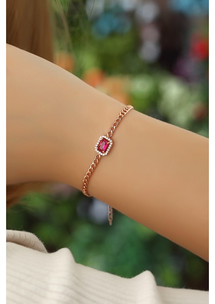 Rose Gurmet Zincirli Kırmızı Baget Taşlı 925 Ayar Gümüş Bileklik fiyatları