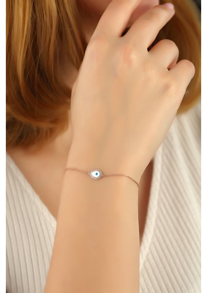 Rose Göz Mineli Damla 925 Ayar Gümüş Bileklik