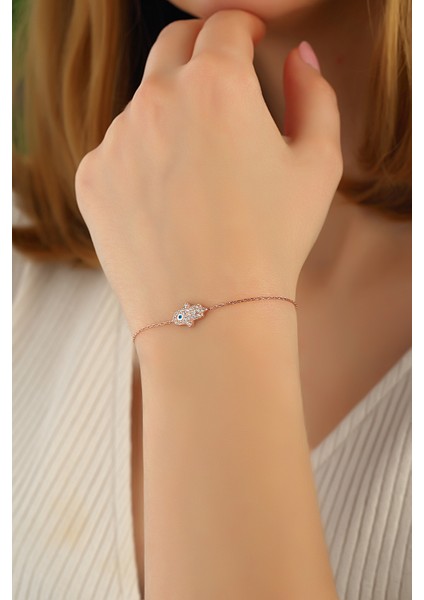 Rose Göz Mineli Fatma Ana Eli 925 Ayar Gümüş Bileklik