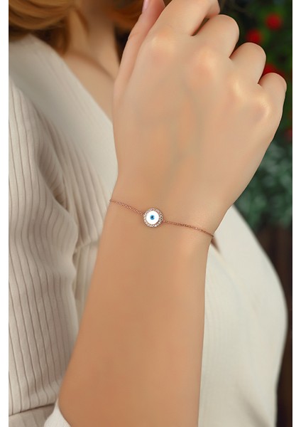 Rose Göz Mineli Yuvarlak 925 Ayar Gümüş Bileklik