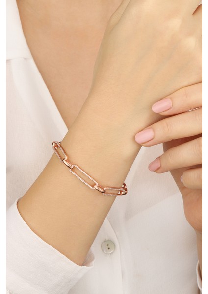 Rose Taşlı Taşsız Geçişli 925 Ayar Gümüş Bileklik