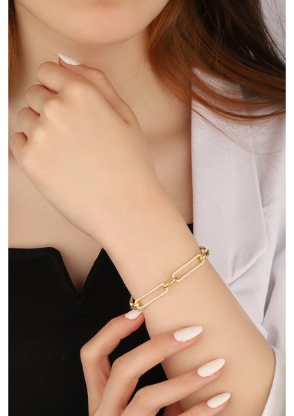 Altın Kaplama Taşlı Taşsız Geçişli 925 Ayar Gümüş Bileklik