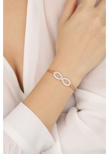 Rose Çift Sıra Zirkon Taşlı Sonsuzluk 925 Ayar Gümüş Bileklik