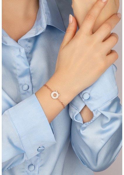 Rose Taşlı Ö Harf Zincirli 925 Ayar Gümüş Bileklik