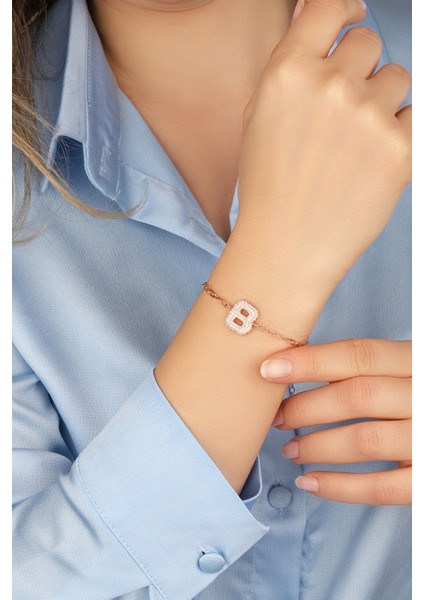 Rose Taşlı B Harf Zincirli 925 Ayar Gümüş Bileklik