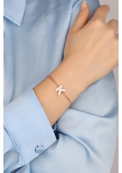 Rose Taşlı K Harf Zincirli 925 Ayar Gümüş Bileklik