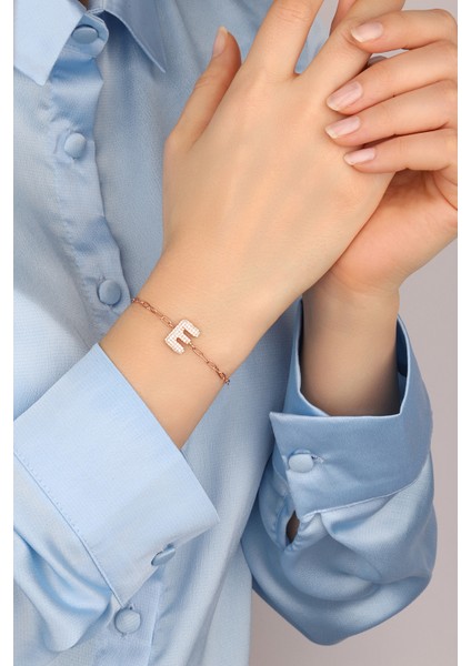 Rose Taşlı E Harf Zincirli 925 Ayar Gümüş Bileklik