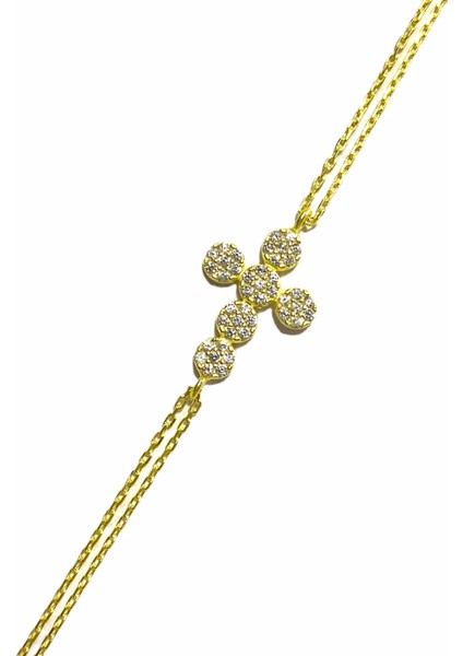 Altın Kaplama Zirkon Taşlı Haç Model 925 Ayar Gümüş Bileklik