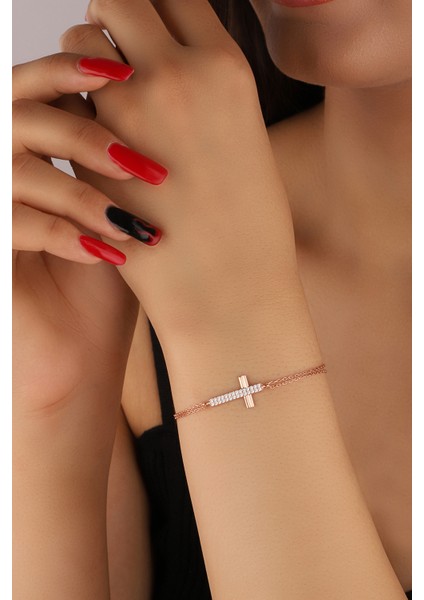 Rose Zirkon Taşlı Haç Model 925 Ayar Gümüş Bileklik