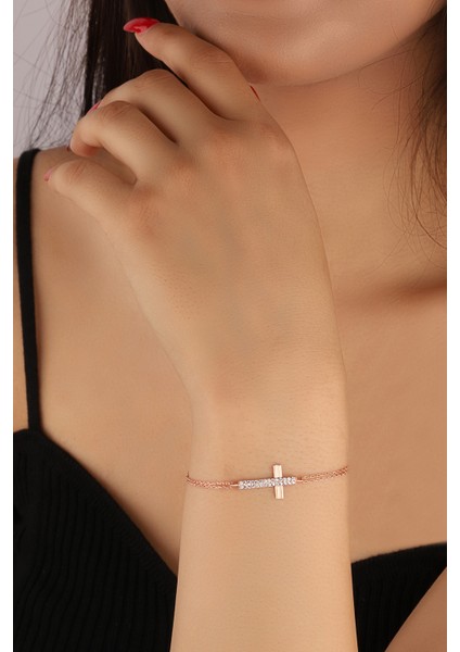 Rose Zirkon Taşlı Haç Model 925 Ayar Gümüş Bileklik fiyatları