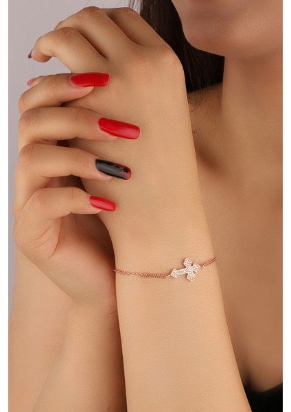 Rose Zirkon Taşlı Haç Model 925 Ayar Gümüş Bileklik