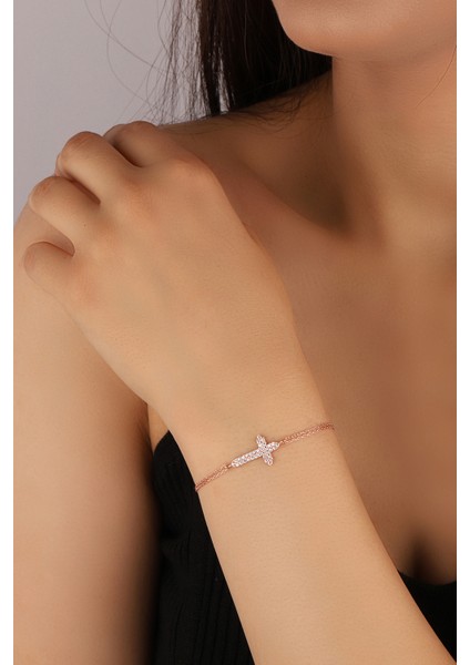 Rose Zirkon Taşlı Haç Model 925 Ayar Gümüş Bileklik