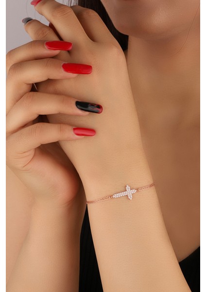 Rose Zirkon Taşlı Haç Model 925 Ayar Gümüş Bileklik fiyatları