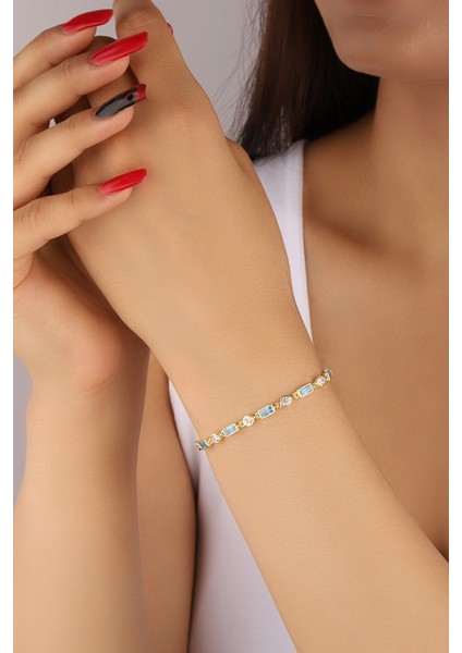 Altın Kaplama Aqua Taşlı Bagetler 925 Ayar Gümüş Bileklik