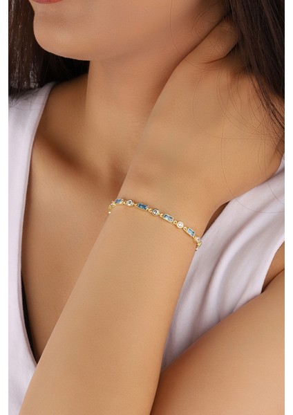 Altın Kaplama Aqua Taşlı Bagetler 925 Ayar Gümüş Bileklik fiyatları