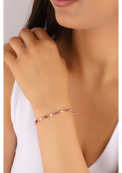 Rose Kırmızı Taşlı Bagetler 925 Ayar Gümüş Bileklik fiyatları