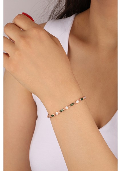 Rose Zümrüt Taşlı Bagetler 925 Ayar Gümüş Bileklik