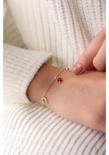 Altın Kaplama Mineli Uğur Böcekli Şans Model 925 Ayar Gümüş Bileklik fiyatları