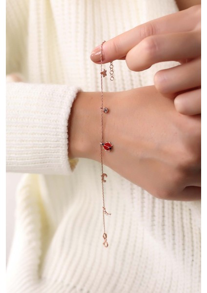 Rose Mineli Uğur Böcekli Şans Model 925 Ayar Gümüş Bileklik