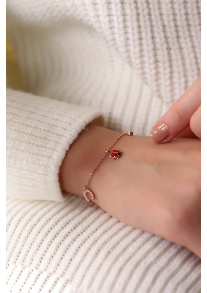 Rose Mineli Uğur Böcekli Şans Model 925 Ayar Gümüş Bileklik fiyatları