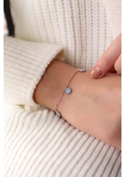 Rose Firuze Taşlı Nazarlı 925 Ayar Gümüş Bileklik