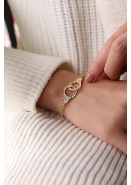 Altın Kaplama Zirkon Taşlı Kelepçe Model 925 Ayar Gümüş Bileklik