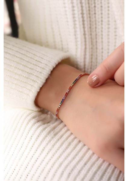Rose 1.5mm Renkli Taşlı Su Yolu 925 Ayar Gümüş Bileklik