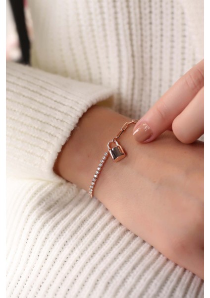 Rose Kilitli Su Yolu Ataş Zincirli 925 Ayar Gümüş Bilekik