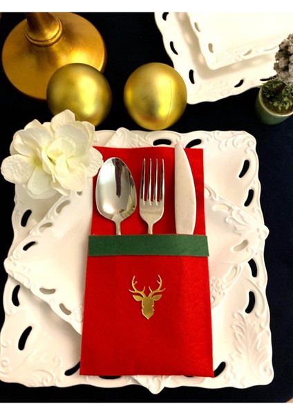 Evde Ucuz 6'lı Geyikli Kırmızı Keçe Servislik Yılbaşı Özel
