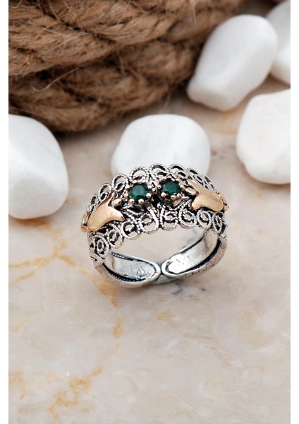 Telkari Elişi Taşlı Laleli Gümüş Yüzük