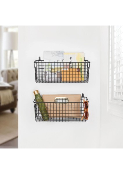 Metal Siyah Duvar Rafı – 2li Orta Büyüklükte Raf Sepeti Koridor, Yatak Odası Ve Diğer Odalar Için