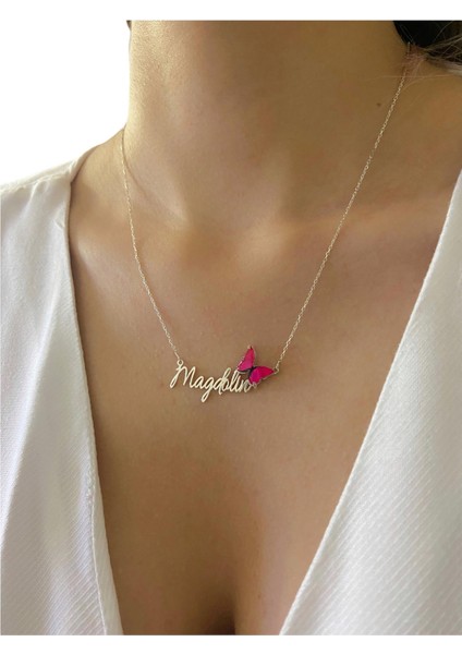Üç Boyutlu Kırmızı Kelebeek Özel Font Isim Yazılı 925 Gümüş Kolye