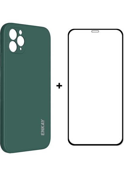 Apple iPhone 11 Pro Için ENK-PC0652 Düşme Önleyici Yumuşak Sıvı Silikon Telefon Kılıfı + 0.26MM 9h 2.5d Temperli Cam Ekran Koruyucu - Yeşil (Yurt Dışından)