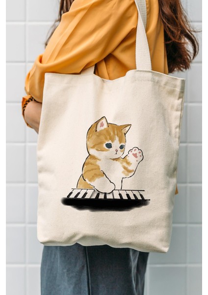Kanvas Piyano Çalan Kedi Bez Çanta C1612