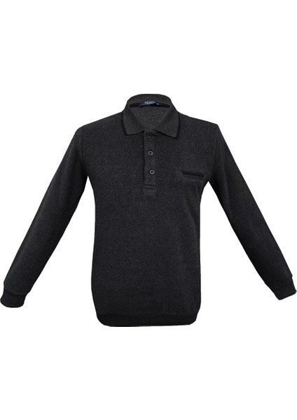 Rahat Kalıp Polo Yaka Selanik Desen Cep Detaylı Siyah Erkek Triko