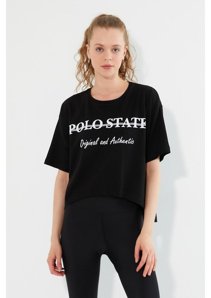 Polo State Kadın Baskılı Oversize T-Shirt  Siyah