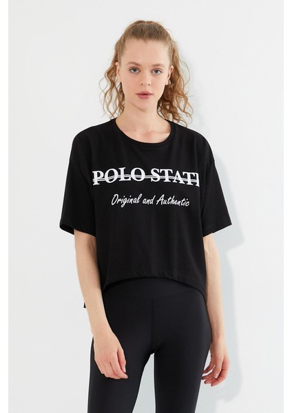 Polo State Kadın Baskılı Oversize T-Shirt  Siyah