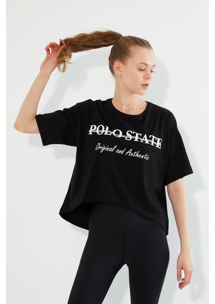 Polo State Kadın Baskılı Oversize T-Shirt  Siyah