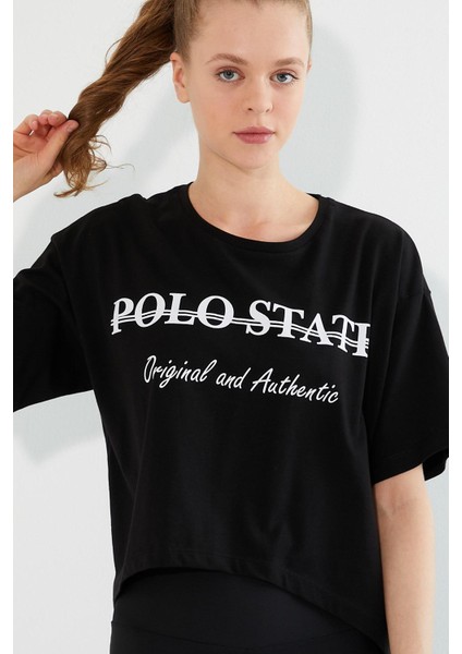 Polo State Kadın Baskılı Oversize T-Shirt  Siyah