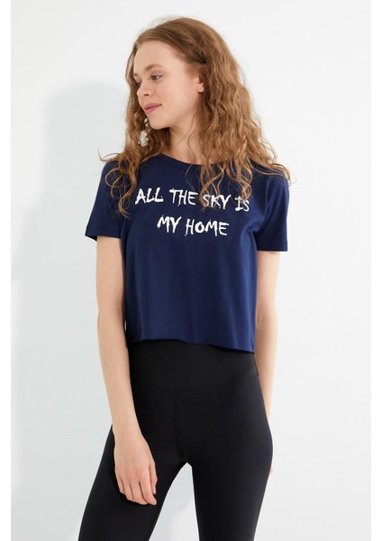 Kadın Baskılı T-Shirt Lacivert modelleri
