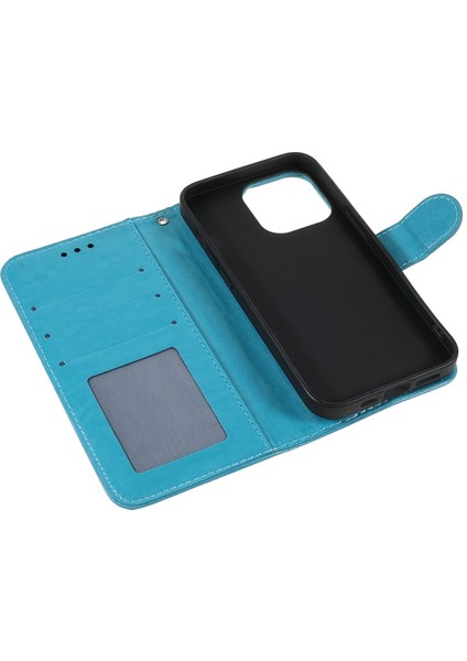 iPhone 13 Pro Için Dayanıklı Manyetik Pu Deri Cüzdan Tasarım Bilek Kayışlı Standlı Kılıf - Mavi (Yurt Dışından)