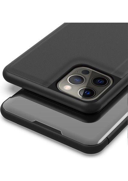 iPhone 13 Pro Max Için Galvanik Ayna Yüzey Deri Telefon Kılıfı - Siyah (Yurt Dışından)